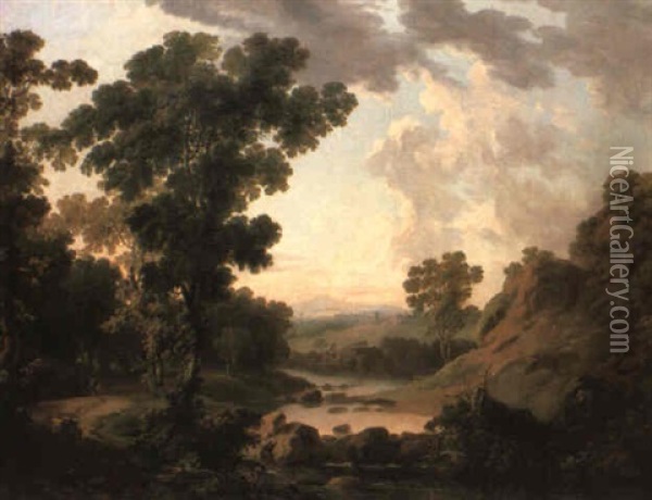 Figures And A Donkey On A Path In A Wooded River Landscape Oil Painting - George Barret