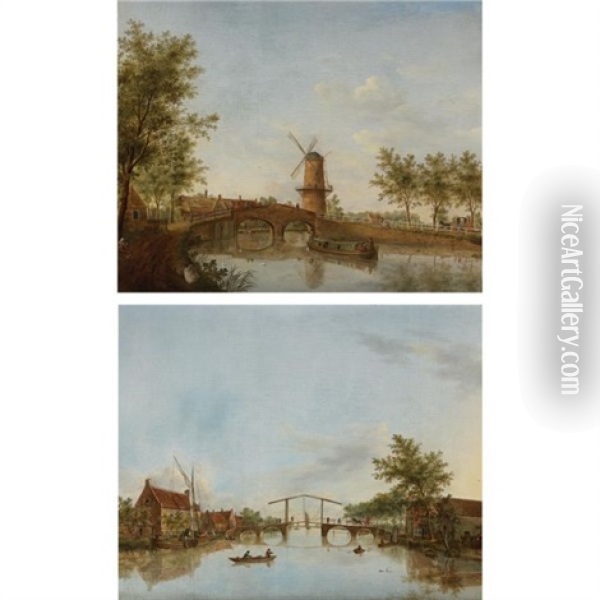 River Landscape With Drawbridge (+ River Landscape With Windmill; Pair) Oil Painting - Johannes I Janson