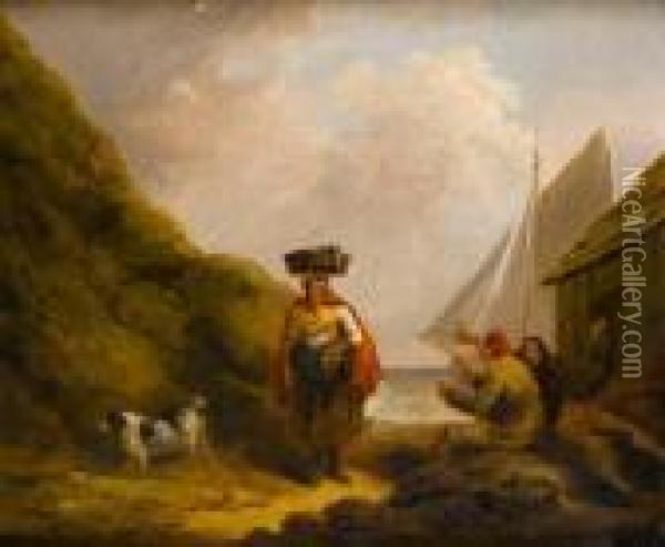 A Fisherwoman On The Shore, Men Drinkingbefore A Hut Oil Painting - George Morland