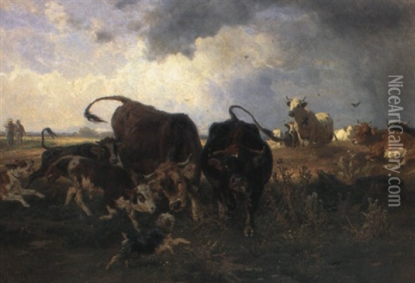 Eine Aufgeschreckte Rinderherde Oil Painting - Anton Braith
