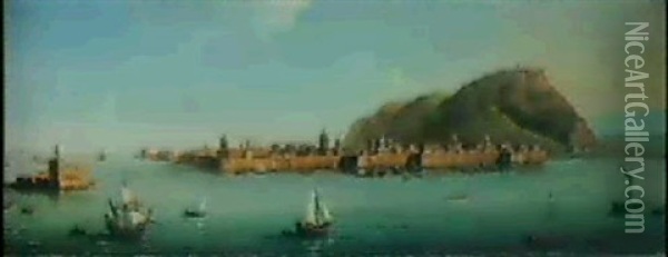 A View Of Catania From The Seawith An English Ship In The   Foreground Oil Painting - Antonio Joli