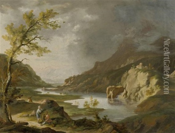 Idyllische Gebirgslandschaften Mit Wanderern (pair) Oil Painting - Johann Balthasar Bullinger the Elder
