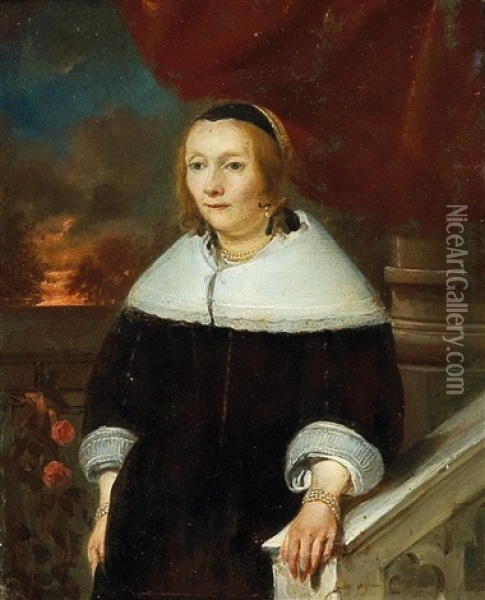 Portrait Of A Lady Near A Balustrade Oil Painting - Gonzales Coques