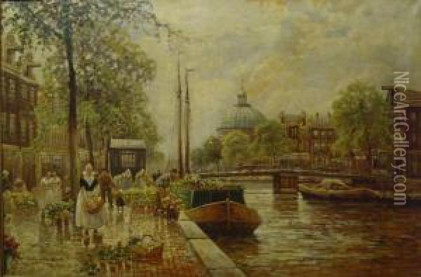 :'blumenmarkt In Amsterdam' Oil Painting - F.M. Richter-Reich