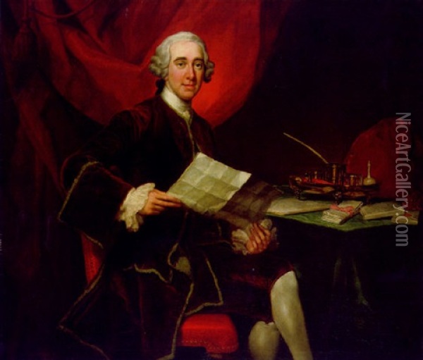 Portrait Of Robert Darcy, Fourth Earl Of Holderness, In A Dark Red Coat With Green Trim, Holding A Letter, At A Desk Oil Painting - George Knapton