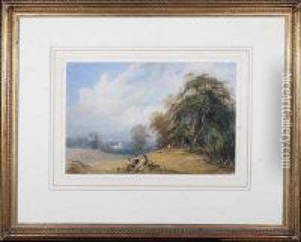 Three Children In A Field With A Town - Probably Hexham - In The Distance Oil Painting - John Henry Mole