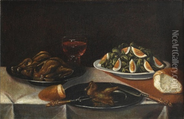 A Bowl Of Spinach And Eggs With A Pewter Dish Of Roasted Quails On A Draped Table Oil Painting - Sebastian Stosskopf