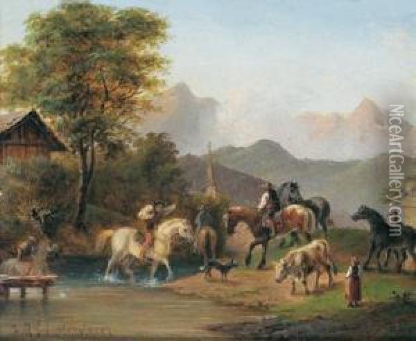 Pferde Am Bachufer Oil Painting - Carl I Schweninger