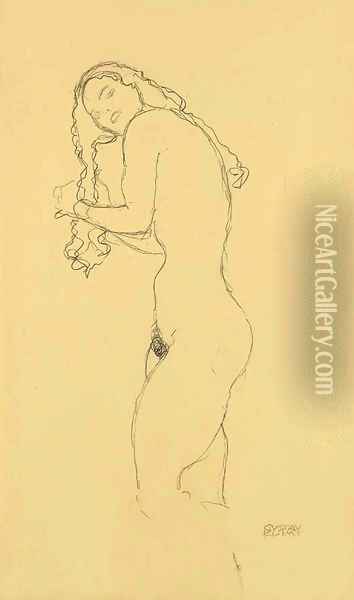 Stehender Akt mit langen Haaren nach links Oil Painting - Gustav Klimt