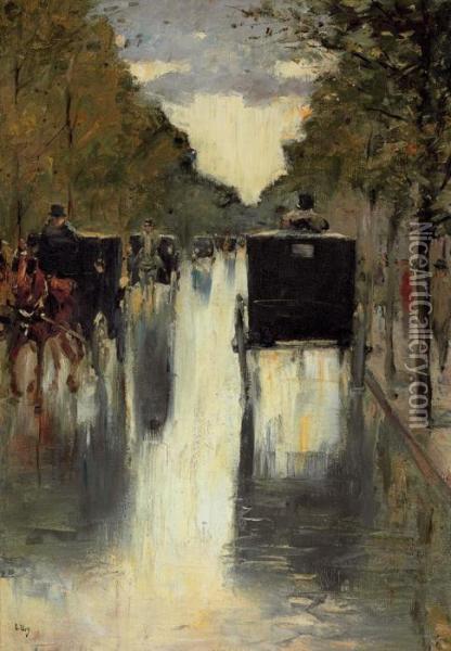 Berlin Street Scene With Horse-drawn Cabs Oil Painting - Lesser Ury