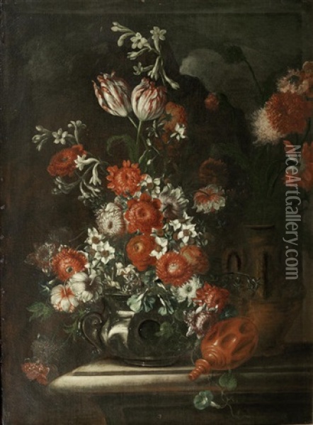 Tulips, Narcissi, Carnations And Other Flowers In A Pewter Vase Oil Painting - Nicola Casissa