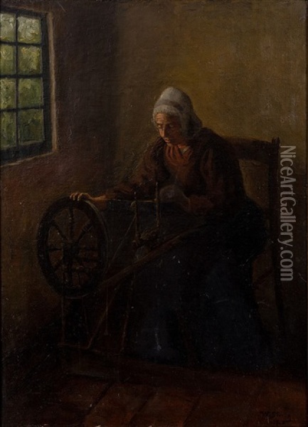 Interior With Spinning Wheel, Holland Oil Painting - Vaeinoe Streng