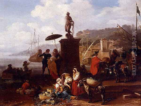 Port Scene With Figures Gathered By A Statue Oil Painting - Hendrik Mommers