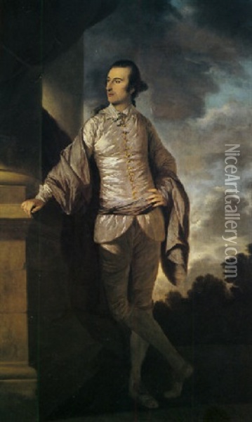 Portrait Of The Hon. Charles Stuart Standing Beside A Stone Column In An Indian Landscape Oil Painting - Tilly Kettle