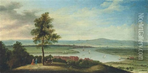 An Extensive River Landscape, With Boats On The River And Elegant Company Conversing In The Foreground Oil Painting - Peter Tillemans