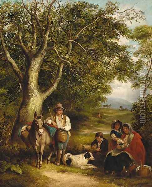 Travellers resting on a wooded track Oil Painting - Arthur J. Stark