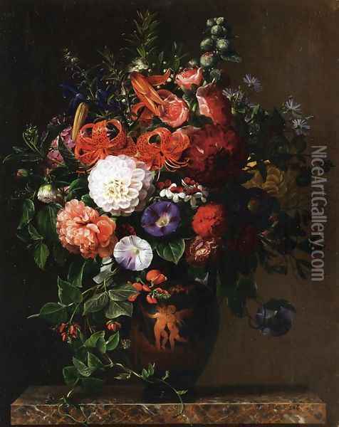 Lilies, Peonies, Violets and Roses in a Greek Figure Vase on a Marble Pedestal Oil Painting - Johan Laurentz Jensen