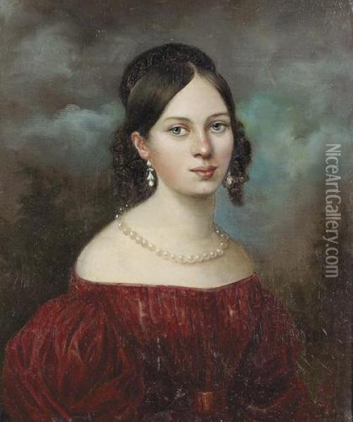 Portrat Einer Jungen Dame In Rotem Kleid. Oil Painting - Ferdinand Georg Waldmuller