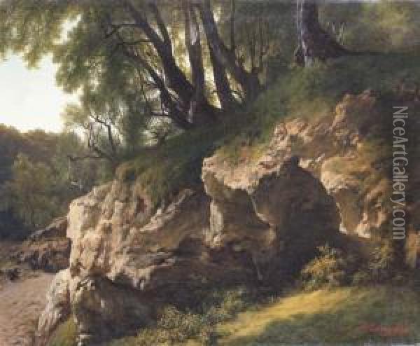 Rocky Outcrop In A Forest Oil Painting - Francesco Gonin