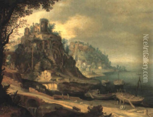 Rocky Mediterranean Coast With The Temple Of The Sibyl At Tivoli Oil Painting - Willem van Nieulandt the Younger