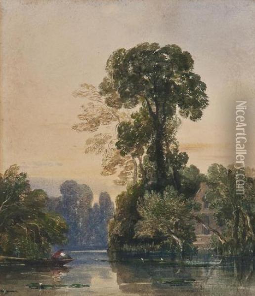 River Scene With Cottage And Fishing Punt Oil Painting - Peter de Wint