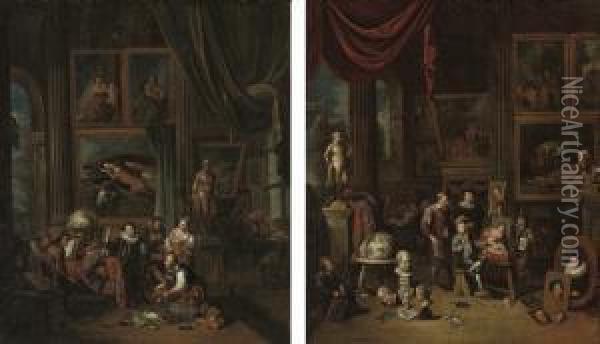 An Artist's Studio; And A Nobleman's Picture Gallery Oil Painting - Balthazar Van Den Bossche