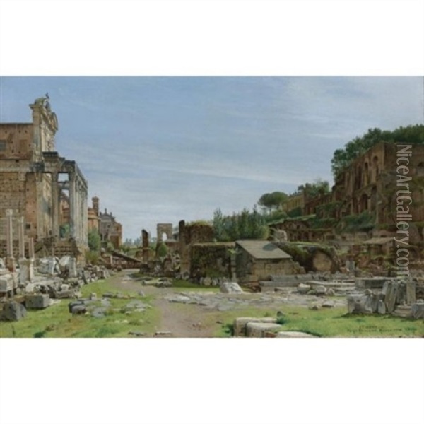 The Roman Forum: A View From The Via Sacra Looking East Towards The Arch Of Titus, The Temple Of Antoninus And Fausta To The Left, And The Palatine Rising To The Right Oil Painting - Josef Theodor Hansen