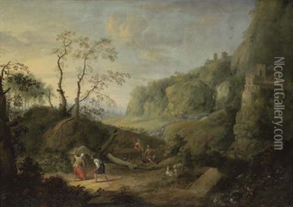 A Mountainous Wooded Landscape With Figures Beside A Tomb In The Foreground, With Buildings Perched On The Edge Of A Rocky Outcrop Beyond Oil Painting - John Butts
