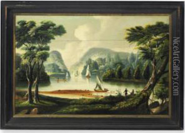 View Of Bear Mountain With Hunters, At Hudson's Edge Oil Painting - Thomas Chambers