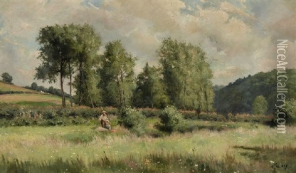 Sommerliche Landschaft Mit Im Gras Rastendem Bauernpaar Oil Painting - Nicolas Sicard