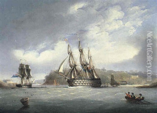 H.m.s. Britannia Going Out Of Hamoaze Harbour Oil Painting - Nicholas Matthew Condy