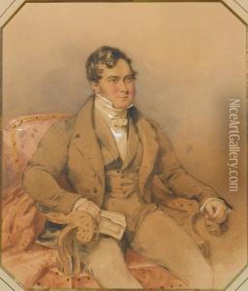 A Gentleman, Wearing Brown Frock
 Coat,waistcoat And Trousers Over White Shirt And Tied White 
Stock,seated In A Carved And Upholstered Armchair, A Pamphlet Held In 
Hisright Hand. Oil Painting - Francois Theodore Rochard
