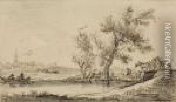 Flusslandschaft Mit Brucke Und Pferdewagen Oil Painting - Jan van Goyen
