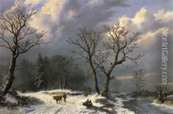 Figures In A Winter Landscape Oil Painting - Willem Bodemann