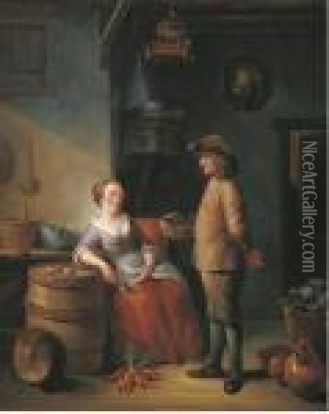A Kitchen Interior With Two Servants Conversing Oil Painting - Louis de Moni