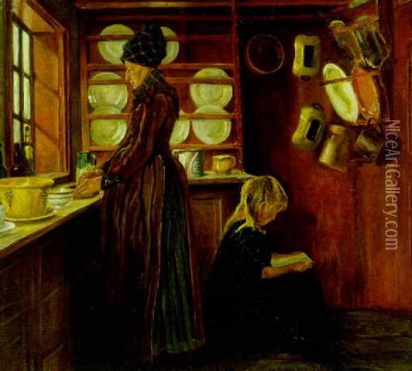 Kokkeninterior Med Mor Og Datter, Fano Oil Painting - Johan Rohde
