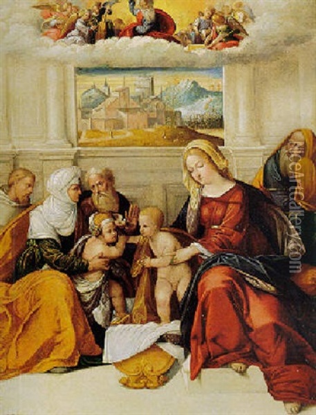 The Holy Family With The Infant Saint John The Baptist, Saints Elizabeth, Zacharias (and Francis?) Oil Painting - Benvenuto Tisi da Garofalo
