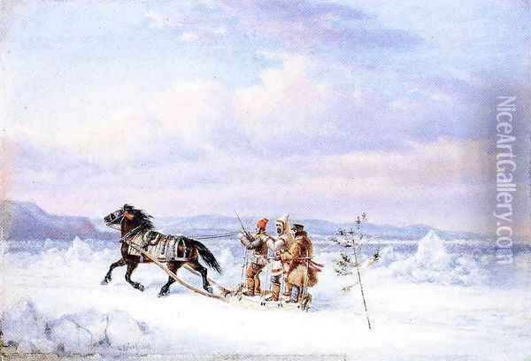 Huntsmen in Horsedrawn Sleigh Oil Painting - Cornelius David Krieghoff