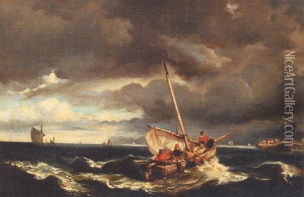 Shipping On Stormy Seas Oil Painting - Louis-Gabriel-Eugene Isabey