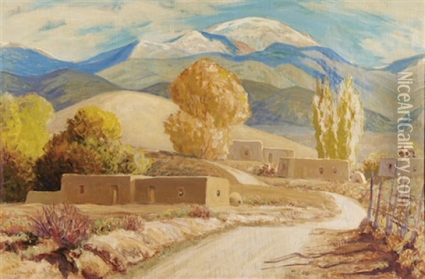 Adobe Village Scene With Mountains Oil Painting - Sheldon Parsons