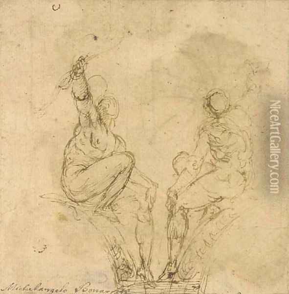 Two archers Design for a spandrel Oil Painting - Venetian School