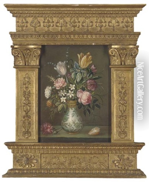 Roses, Carnations And Other Flowers In A Vase With A Shell On A Stone Ledge, Within A Gilded Tabernacle Style Frame Oil Painting - Balthasar Van Der Ast
