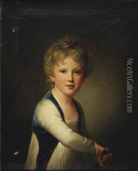 Portrait Of Graf Ernst Zu Rantzau (1802-1862) As A Child, Half-length, In A White Chemise With A Blue Velvet Gilet Oil Painting - Friedrich Carl Groeger