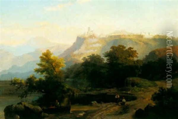 Hilltown In A Landscape Oil Painting - Johann Hermann Carmiencke