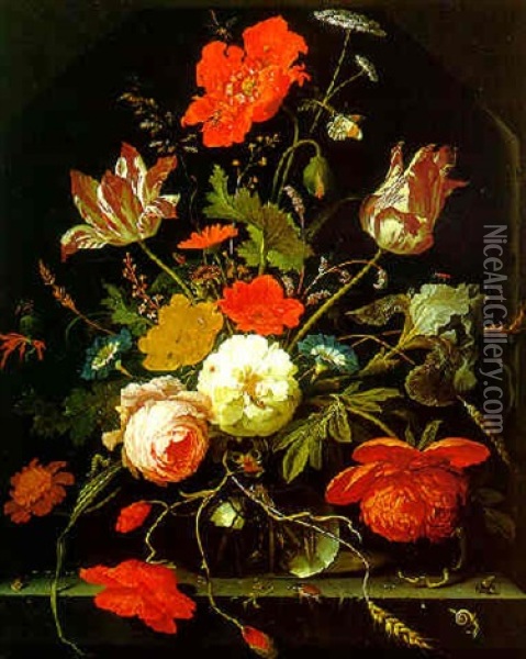 Peonies, Roses, Tulips And Poppies In A Glass Vase With Caterpillars And Other Insects On A Stone Ledge Oil Painting - Abraham Mignon
