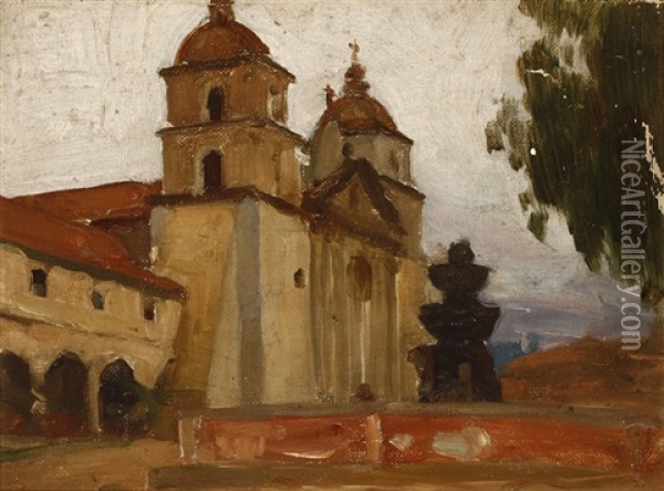 Old Mission Santa Barbara Oil Painting - Frank Tenney Johnson