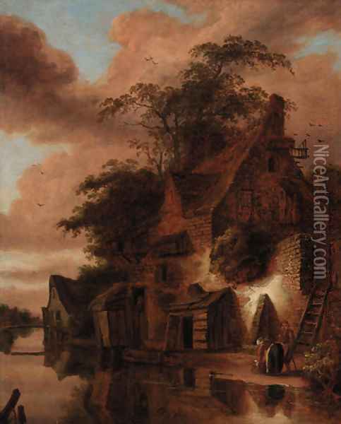 A cottage by a river Oil Painting - Roelof van Vries