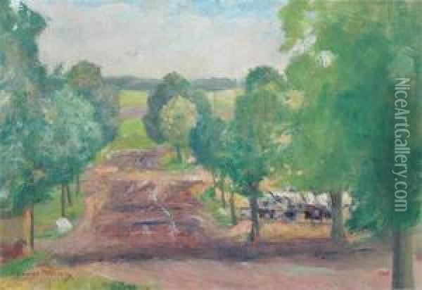 Landscape With Road, Cattle And Trees. Oil Painting - Georges Mosson
