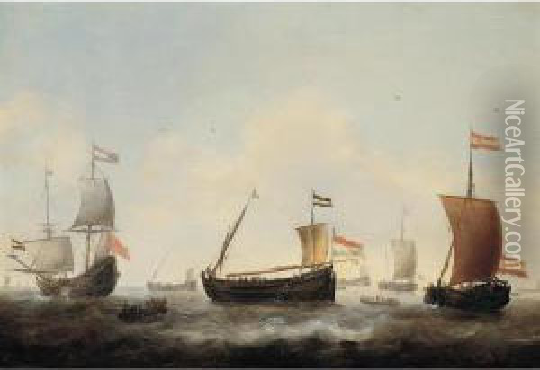 Dutch Herring Fleet With A Merchantman In A Light Swell Oil Painting - Jacob Adriaensz. Bellevois