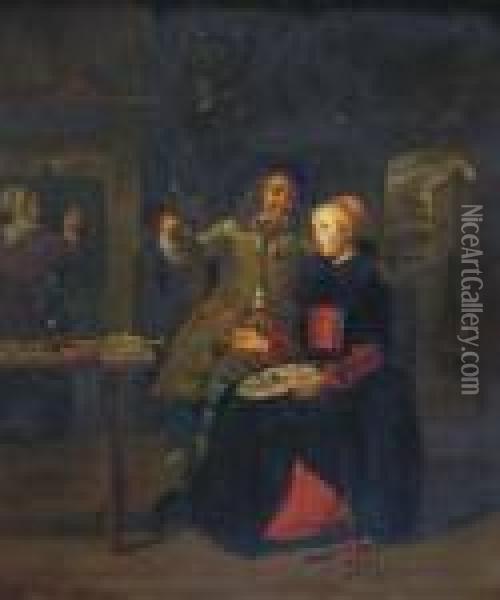 A Couple In A Tavern Oil Painting - Gabriel Metsu